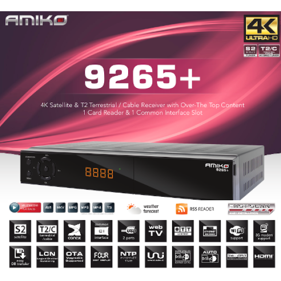 Amiko 9265+ 4k combo földi, műholdas és kábel tv vevő 